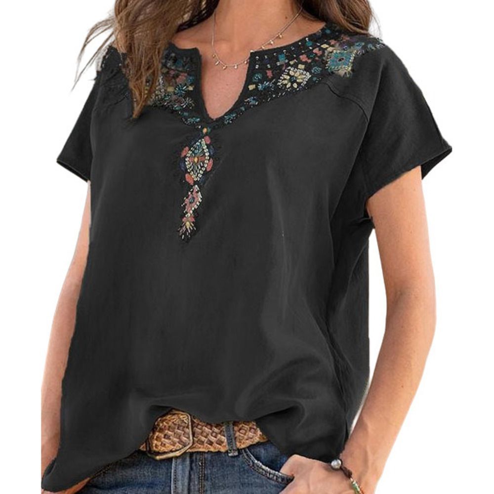UDEAR Black Floral Short Sleeve Notch Neck Top Size M